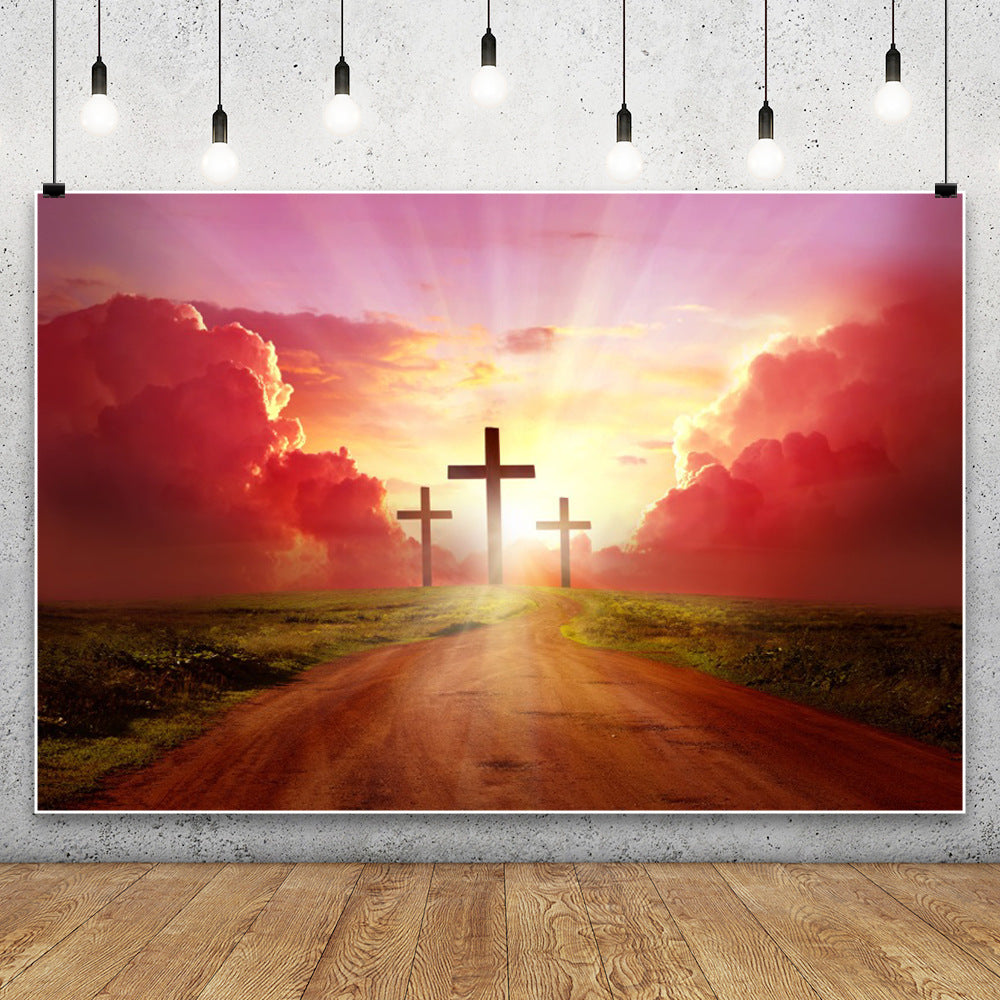 Christian Cross Backdrop for Newborn Baptism - Blue Sky Sunlight Religious Party Decoration Background