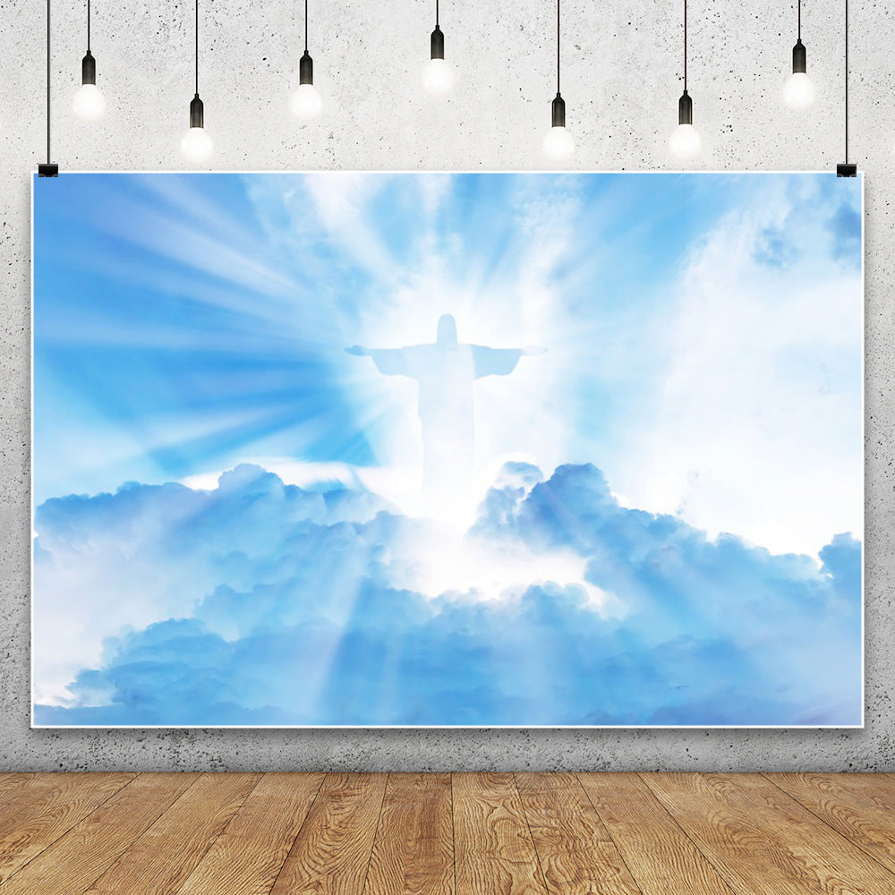 Christian Cross Backdrop for Newborn Baptism - Blue Sky Sunlight Religious Party Decoration Background