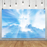 Christian Cross Backdrop for Newborn Baptism - Blue Sky Sunlight Religious Party Decoration Background