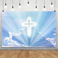 Christian Cross Backdrop for Newborn Baptism - Blue Sky Sunlight Religious Party Decoration Background