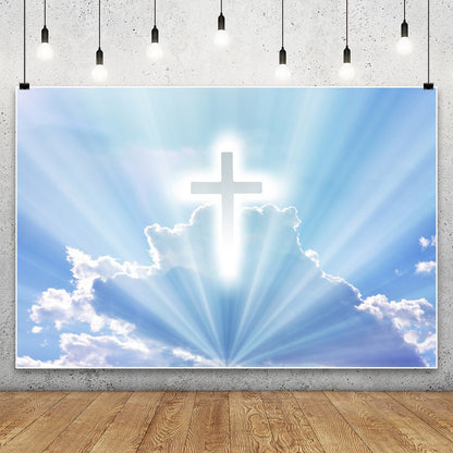 Christian Cross Backdrop for Newborn Baptism - Blue Sky Sunlight Religious Party Decoration Background