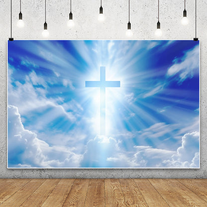 Christian Cross Backdrop for Newborn Baptism - Blue Sky Sunlight Religious Party Decoration Background