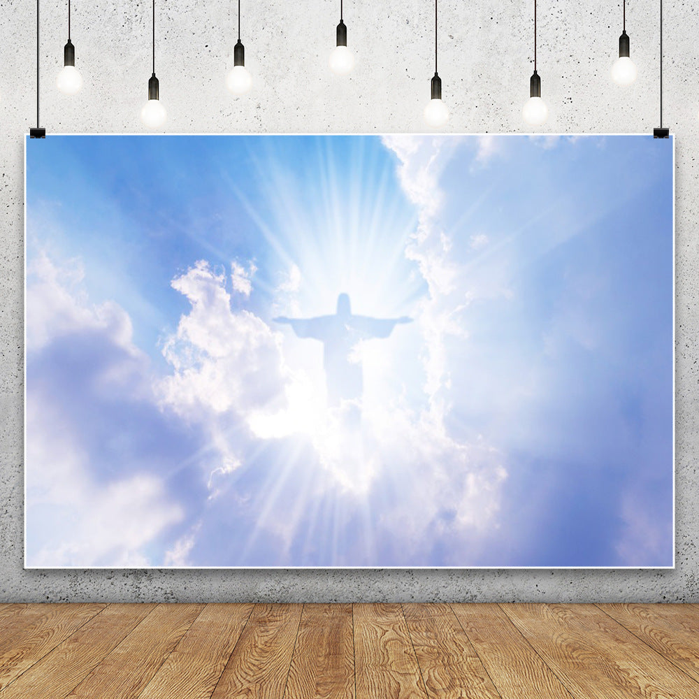 Christian Cross Backdrop for Newborn Baptism - Blue Sky Sunlight Religious Party Decoration Background