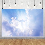 Christian Cross Backdrop for Newborn Baptism - Blue Sky Sunlight Religious Party Decoration Background