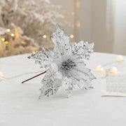 9.8 Inch Artificial Glitter Poinsettia Picks for Christmas Tree Ornaments, Bulk Quantity