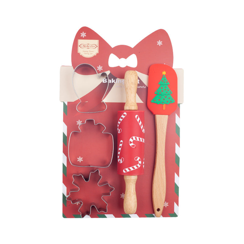 Christmas Baking Tool Set - Festive Rolling Pin, Silicone Spatula & Cookie Cutters for Holiday Baking Fun