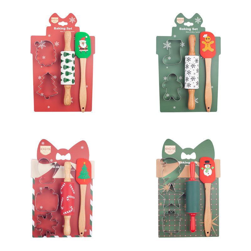 Christmas Baking Tool Set - Festive Rolling Pin, Silicone Spatula & Cookie Cutters for Holiday Baking Fun