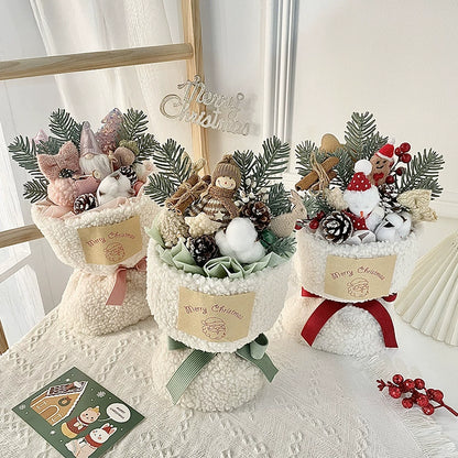 Christmas Bouquet Decoration Gift Set - Festive Doll Arrangement with Gift Bag, Card & String Lights