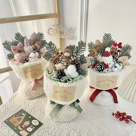 Christmas Bouquet Decoration Gift Set - Festive Doll Arrangement with Gift Bag, Card & String Lights