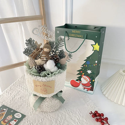 Christmas Bouquet Decoration Gift Set - Festive Doll Arrangement with Gift Bag, Card & String Lights