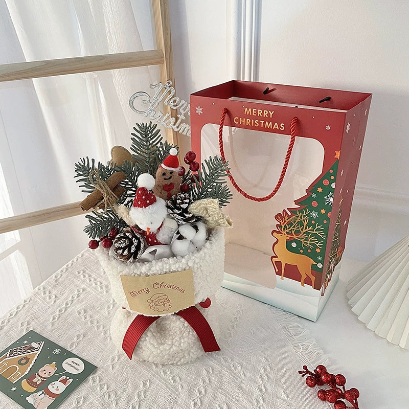 Christmas Bouquet Decoration Gift Set - Festive Doll Arrangement with Gift Bag, Card & String Lights
