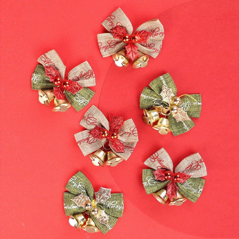 5 Pcs Christmas Linen Bowknot with Jingle Bells for Wreath Decoration Bulk Pack