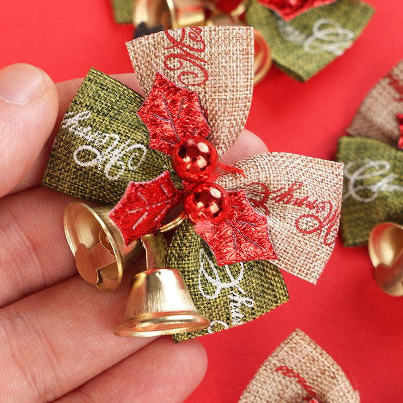 5 Pcs Christmas Linen Bowknot with Jingle Bells for Wreath Decoration Bulk Pack