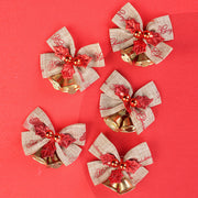 5 Pcs Christmas Linen Bowknot with Jingle Bells for Wreath Decoration Bulk Pack
