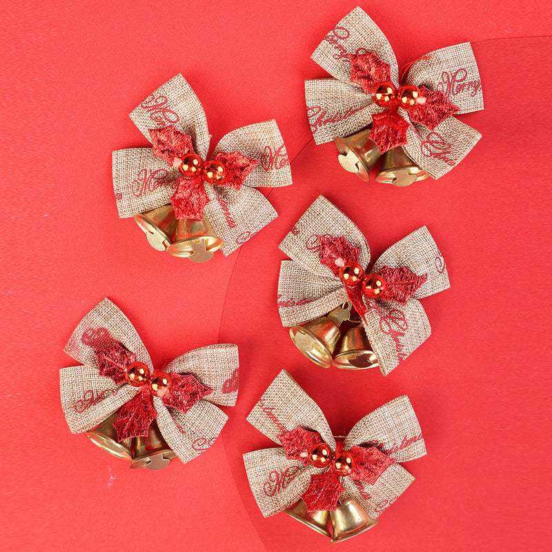 5 Pcs Christmas Linen Bowknot with Jingle Bells for Wreath Decoration Bulk Pack