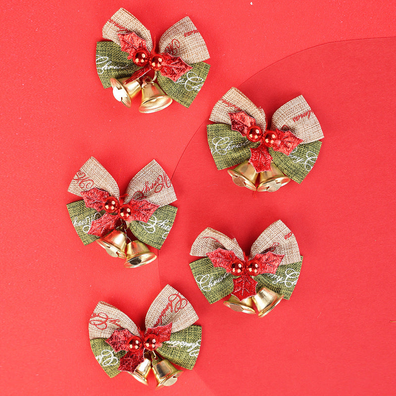 5 Pcs Christmas Linen Bowknot with Jingle Bells for Wreath Decoration Bulk Pack