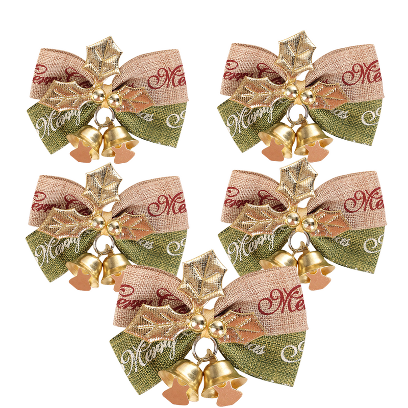 5 Pcs Christmas Linen Bowknot with Jingle Bells for Wreath Decoration Bulk Pack