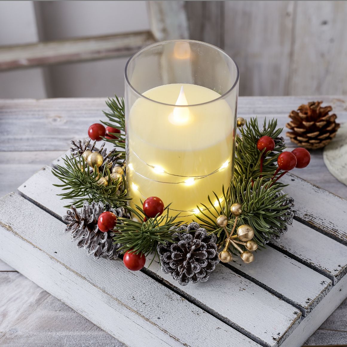 Christmas Candle Ring Wreath with Pinecones - Tabletop Decor
