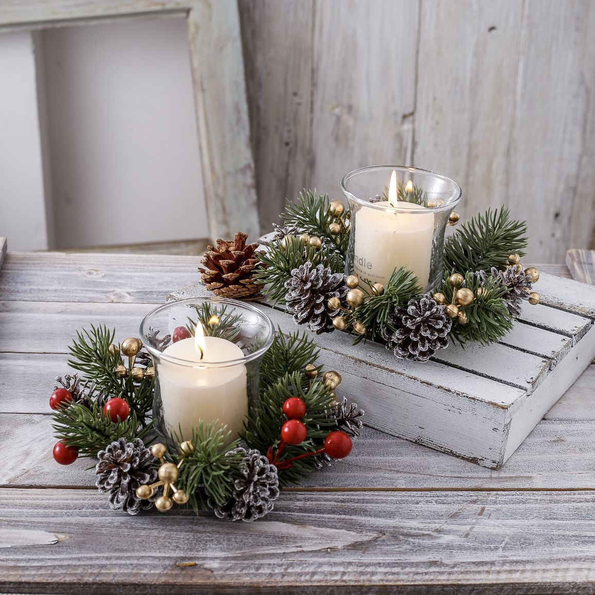 Christmas Candle Ring Wreath with Pinecones - Tabletop Decor