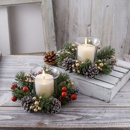 Christmas Candle Ring Wreath with Pinecones - Tabletop Decor