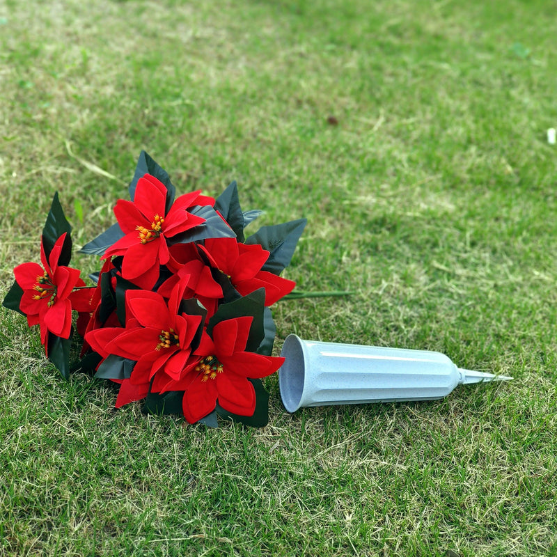 17 Inch Artificial Red Poinsettia Bouquet, 6 Stems Silk Christmas Cemetery Flowers