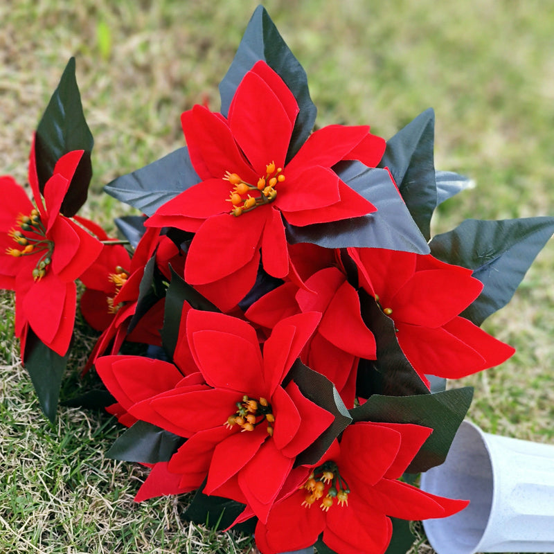 17 Inch Artificial Red Poinsettia Bouquet, 6 Stems Silk Christmas Cemetery Flowers