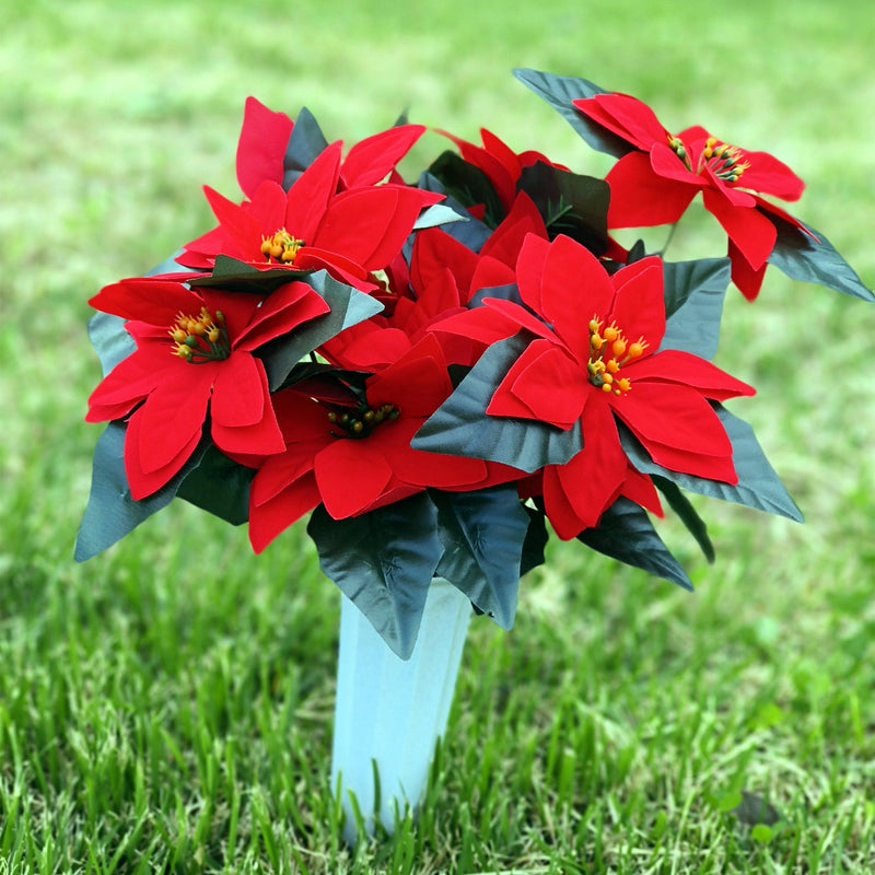 17 Inch Artificial Red Poinsettia Bouquet, 6 Stems Silk Christmas Cemetery Flowers