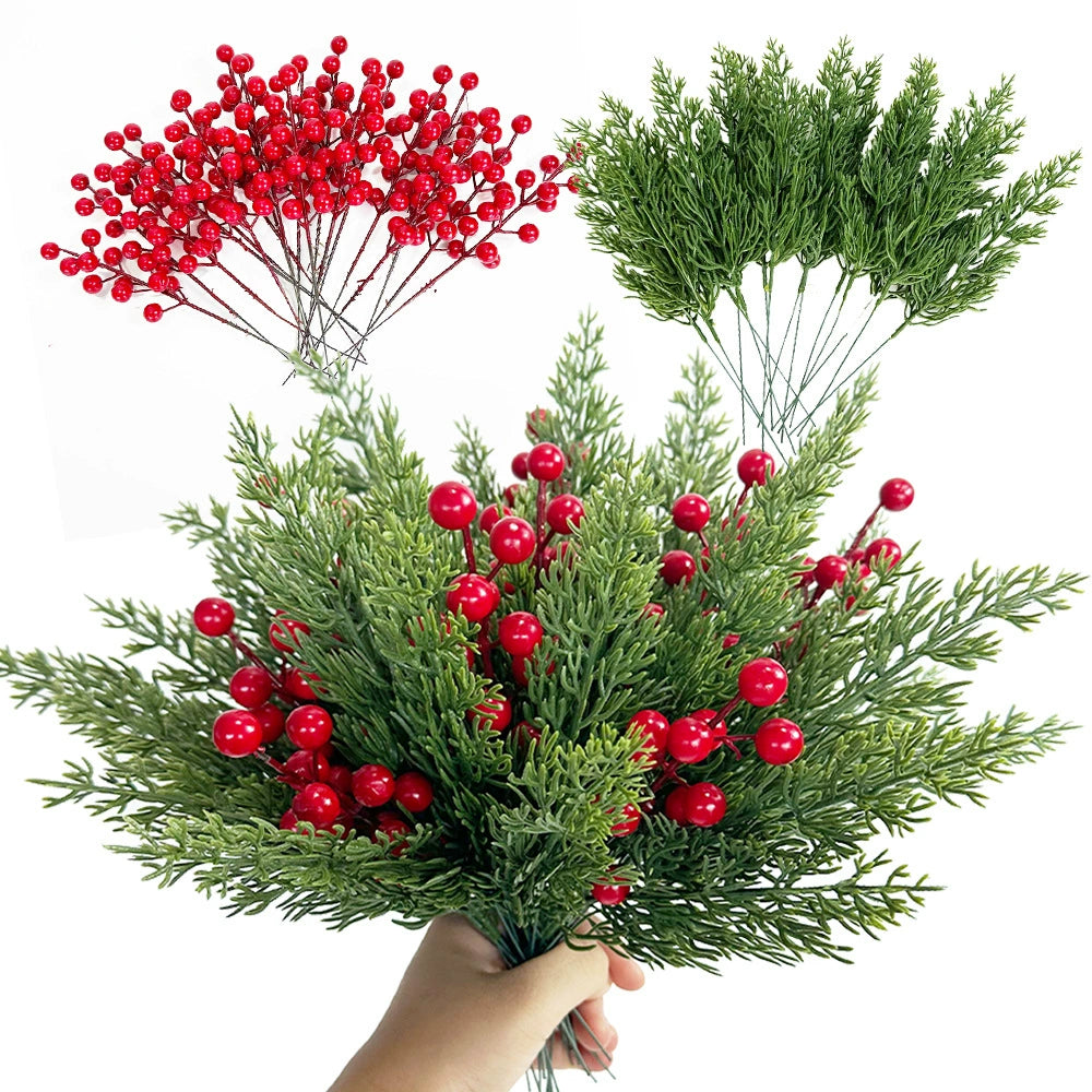 Christmas Decor - Artificial Red Berry & Pine Needle Arrangement for DIY Floral Decor