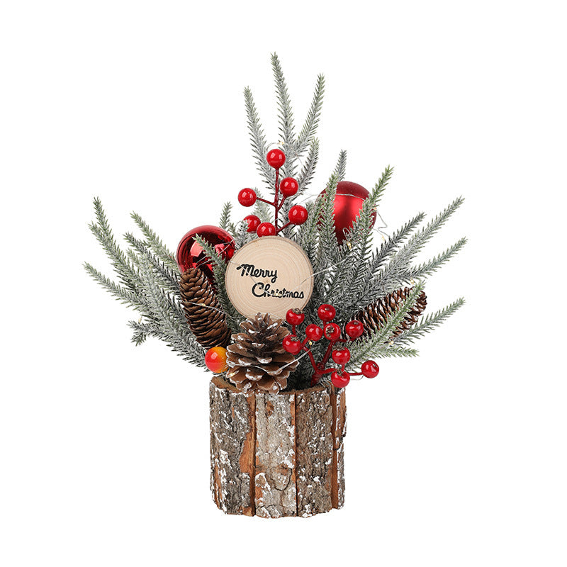 Christmas Floral Arrangement Table Decor - Artificial Flowers with Pine Cones & Red Berries in Log Pot