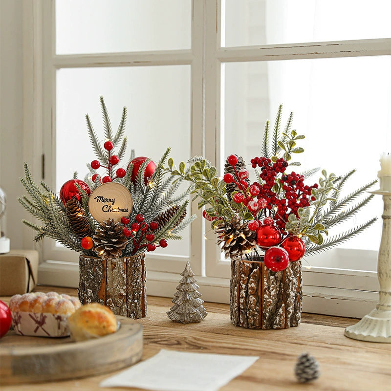 Christmas Floral Arrangement Table Decor - Artificial Flowers with Pine Cones & Red Berries in Log Pot