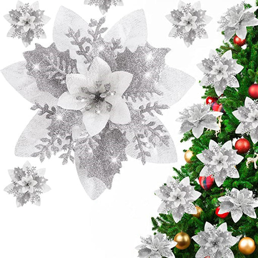 100 Pcs Silver White Artificial Poinsettia Flowers for Christmas Decoration