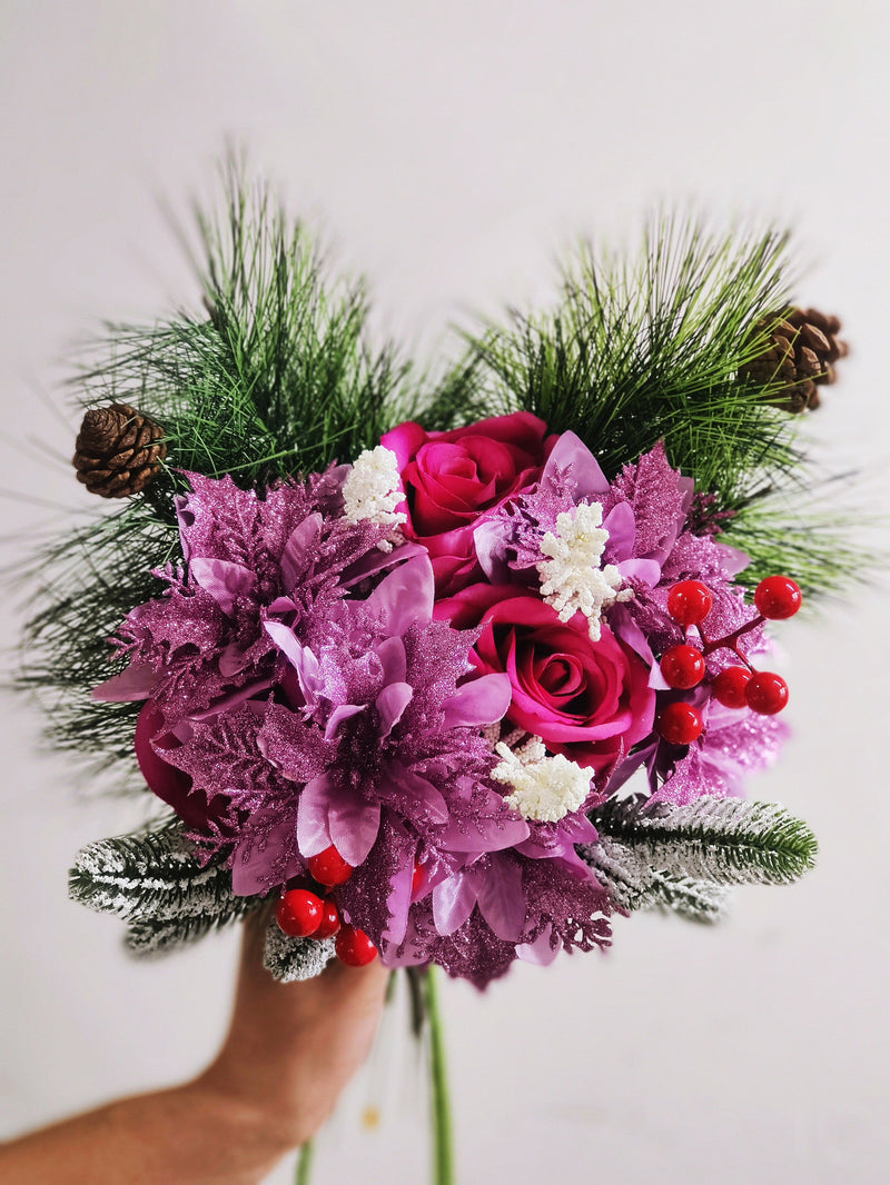17 Pcs Artificial Christmas Flowers Bouquet, Mixed Colors, Holiday Floral Arrangement