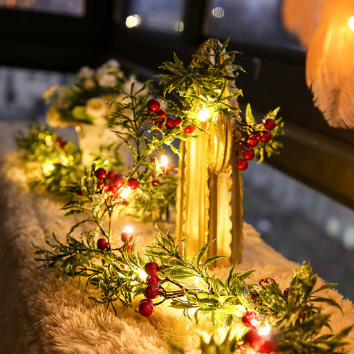 9.8 FT Pre-lit Christmas Snow LED Light Garland with Berries and Leaves, Artificial Holiday Decor String
