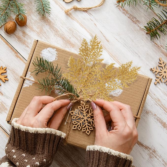 12 Inch 12 Pcs Artificial Pine Needle Twig Picks with Glitter for Christmas Tree Ornaments Fillers