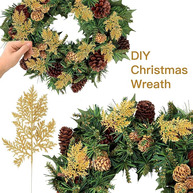 12 Inch 12 Pcs Artificial Pine Needle Twig Picks with Glitter for Christmas Tree Ornaments Fillers