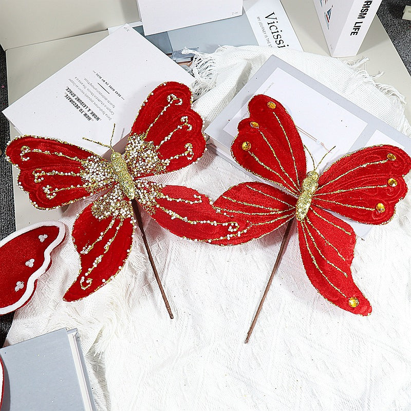 Glitter Christmas Butterfly Stem 12 Inch Bulk Pack for Tree and Wreath Decoration