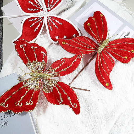 Glitter Christmas Butterfly Stem 12 Inch Bulk Pack for Tree and Wreath Decoration