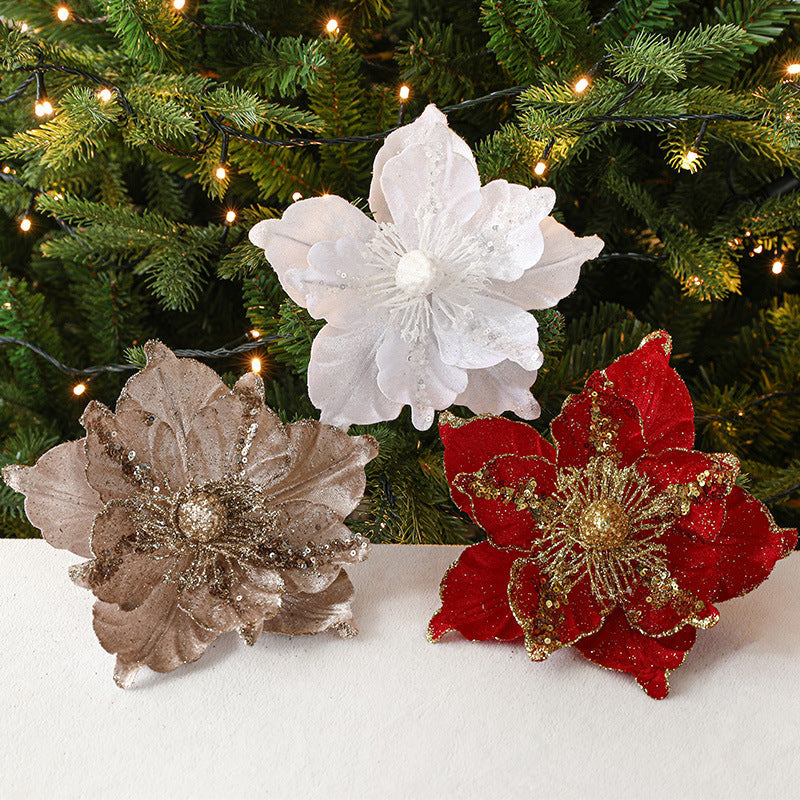 10 Pcs Large Retro Christmas Poinsettia Stems 18 Inch Glitter Artificial Flower Decorations