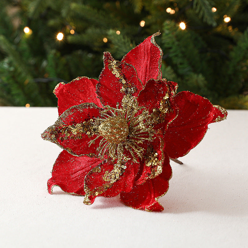 10 Pcs Large Retro Christmas Poinsettia Stems 18 Inch Glitter Artificial Flower Decorations