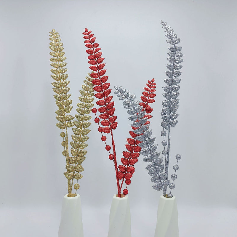 30 Inch Extra Long Glitter Leaf Stems Branches with Holly Berry, Bulk Artificial Floral Stems