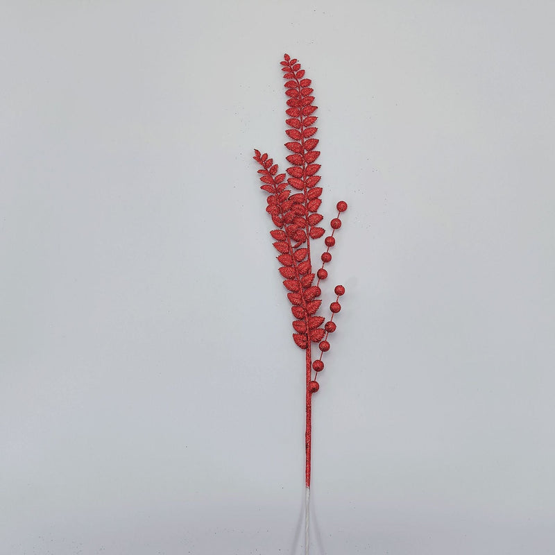 30 Inch Extra Long Glitter Leaf Stems Branches with Holly Berry, Bulk Artificial Floral Stems