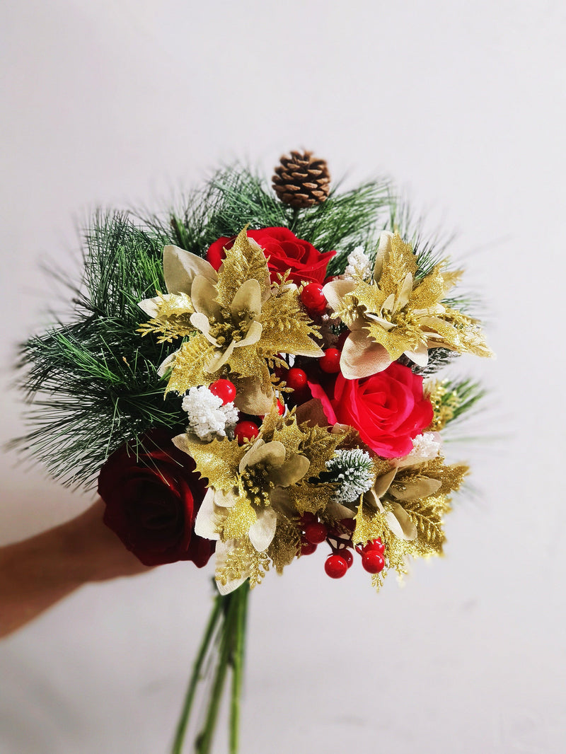 17 Pcs Artificial Christmas Flowers Bouquet, Mixed Colors, Holiday Floral Arrangement