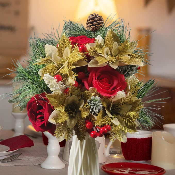 17 Pcs Artificial Christmas Flowers Bouquet, Mixed Colors, Holiday Floral Arrangement