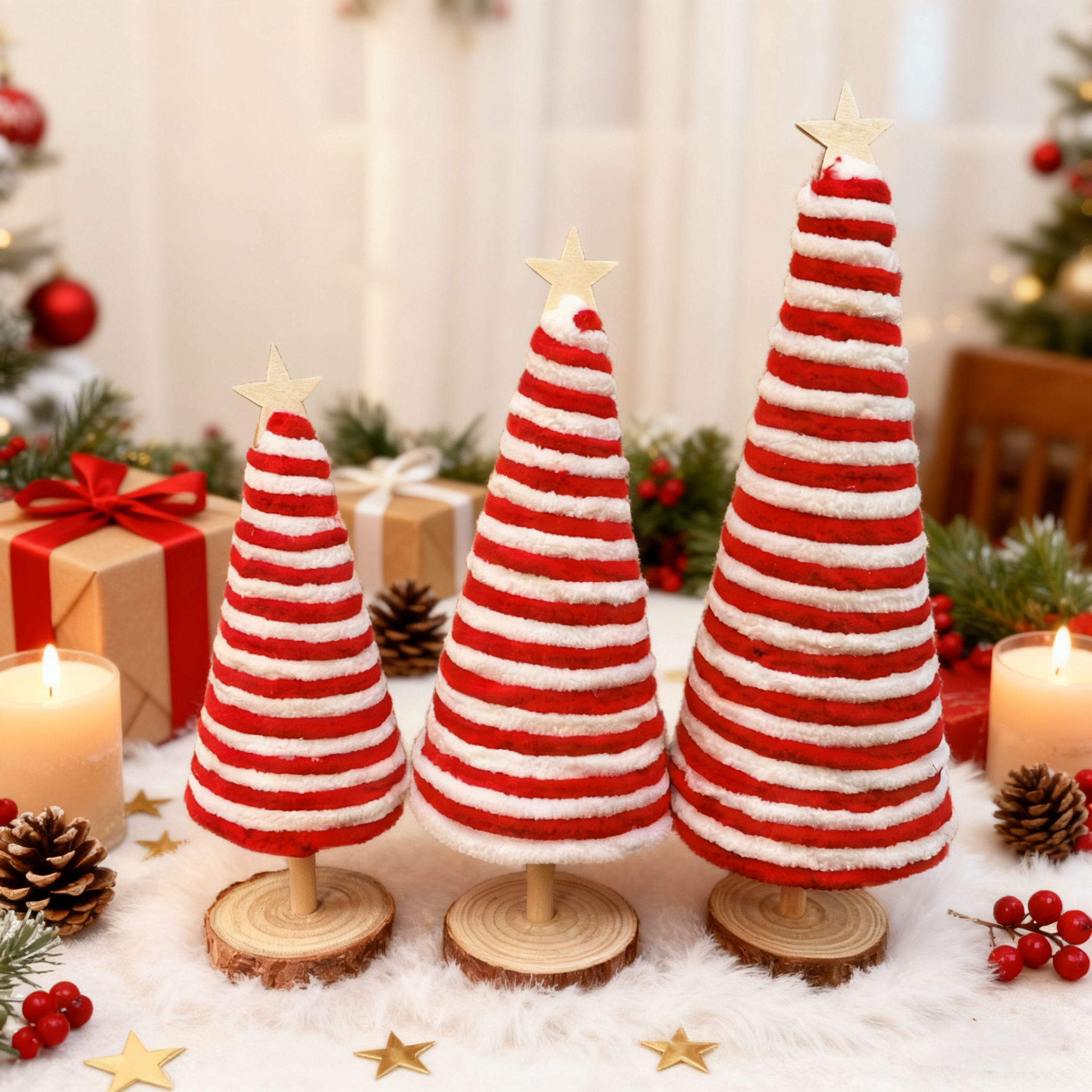 Christmas Mini Striped Tree Decor Set - 3 Sizes (7" / 8.5" / 9.8") Tabletop Ornaments for Holiday Scene & Home Decoration