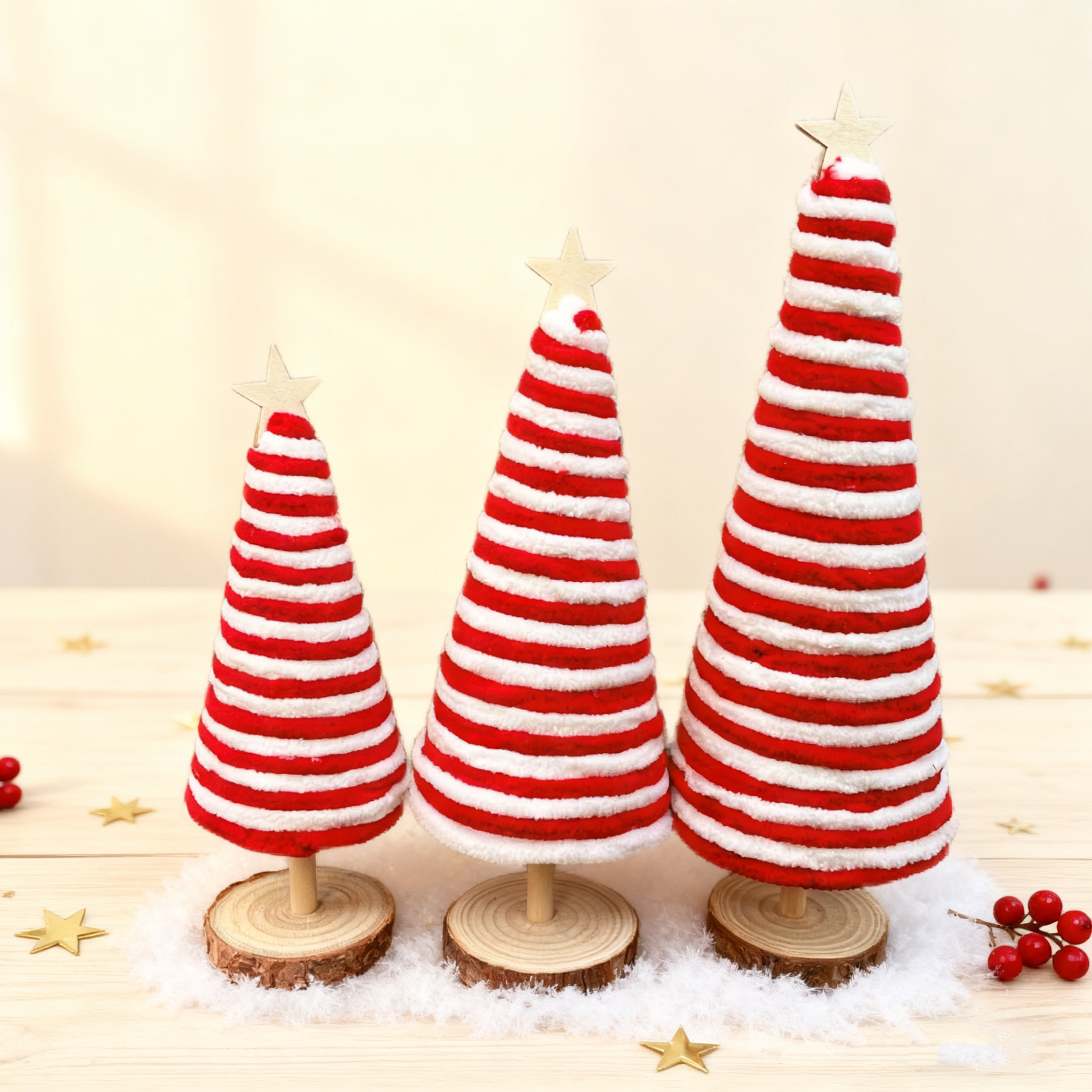 Christmas Mini Striped Tree Decor Set - 3 Sizes (7" / 8.5" / 9.8") Tabletop Ornaments for Holiday Scene & Home Decoration