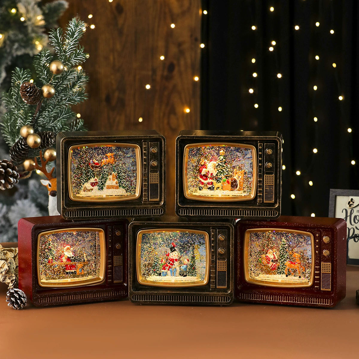 Christmas Musical Snowing TV Decoration - Light-Up Water Globe Ornament with Music Box, Santa & Snowman Figurines