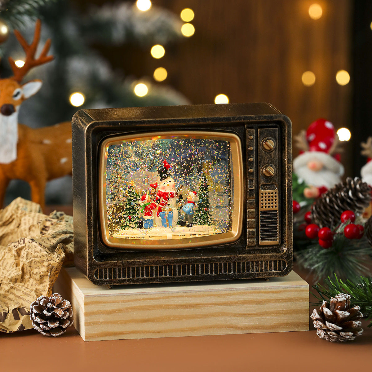 Christmas Musical Snowing TV Decoration - Light-Up Water Globe Ornament with Music Box, Santa & Snowman Figurines