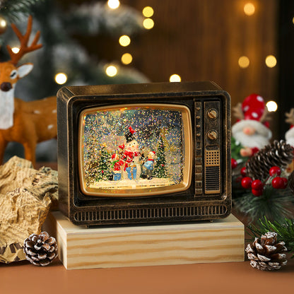 Christmas Musical Snowing TV Decoration - Light-Up Water Globe Ornament with Music Box, Santa & Snowman Figurines