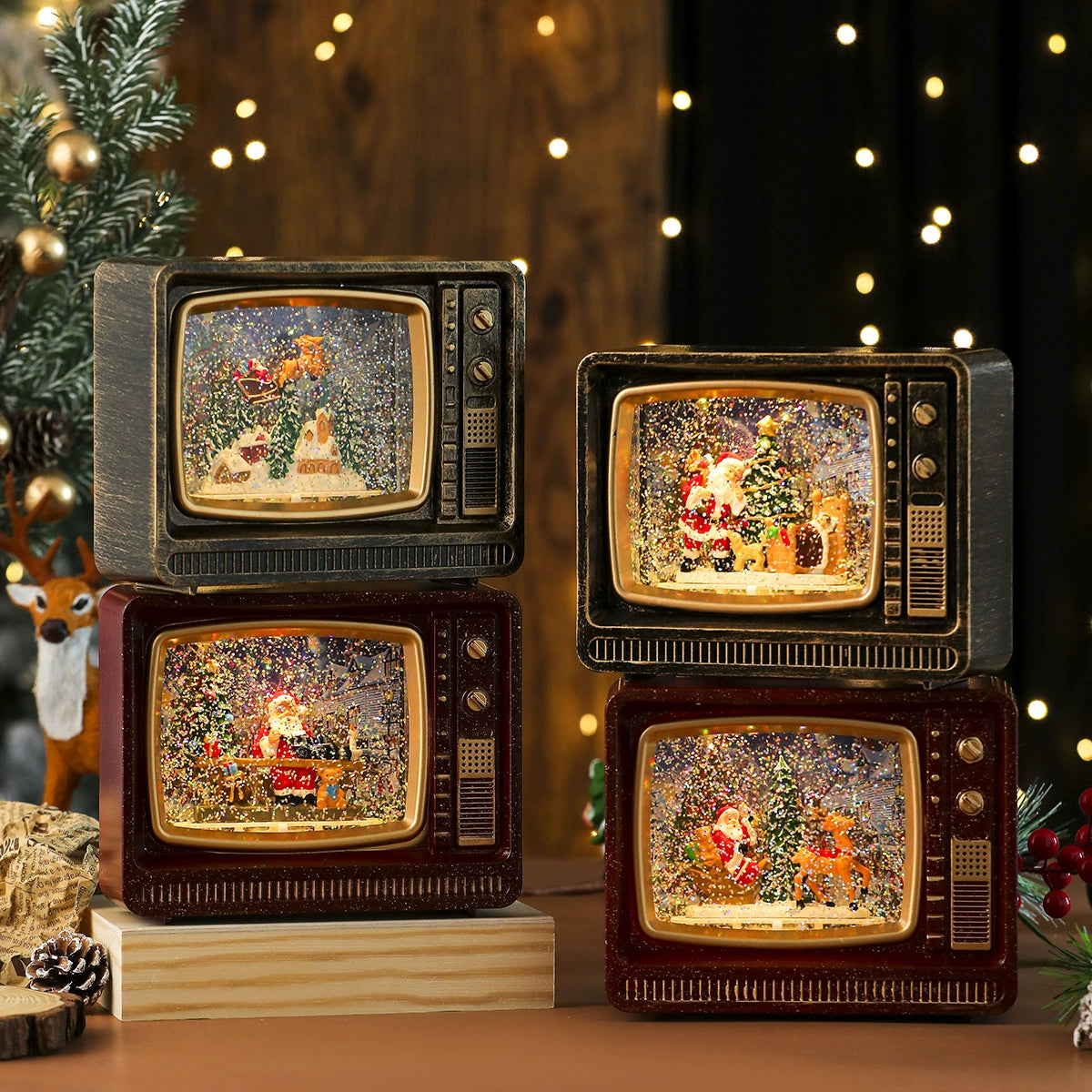 Christmas Musical Snowing TV Decoration - Light-Up Water Globe Ornament with Music Box, Santa & Snowman Figurines