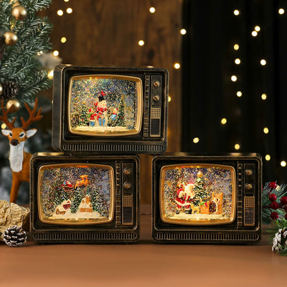 Christmas Musical Snowing TV Decoration - Light-Up Water Globe Ornament with Music Box, Santa & Snowman Figurines